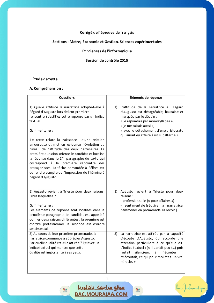Corrigé controle francais Bac 2015 – Section info